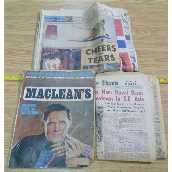 Old Paper Lot - 1968 McLean's, '88 Calgary Herald (Olympics), & 1964 Star Phoenix (Vietnam)