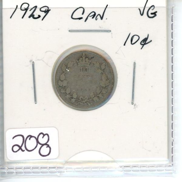 1929 Canadian silver ten cent coin