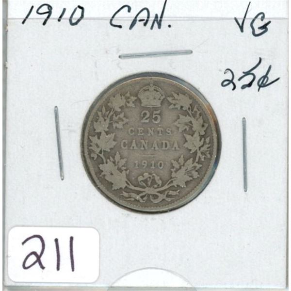 1910 Canadian silver twenty-five cent 25¢ coin