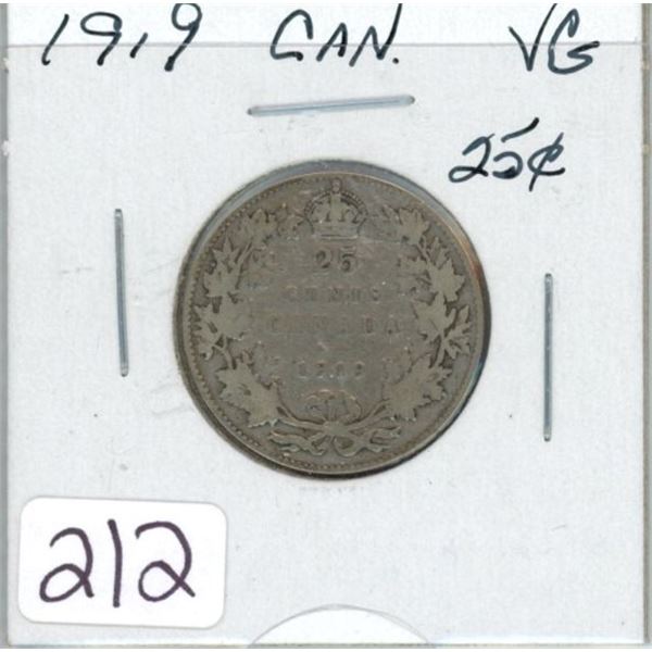 1919 Canadian silver twenty-five cent coin