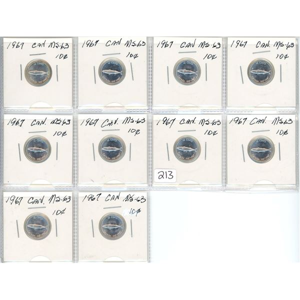 1967 Canadian silver dimes, graded as MS-63