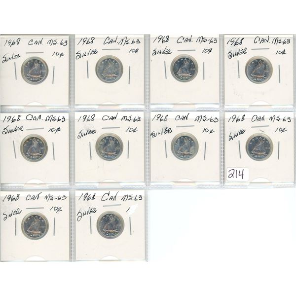 1968 Canadian silver dimes, Graded as MS-63
