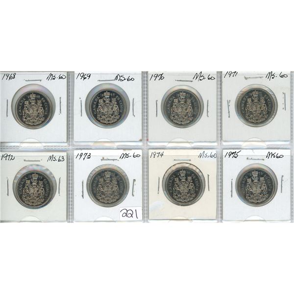 Eight fifty cent pieces - 1968-1975, all MS-60 or better