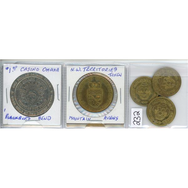 One dollar Omaha (Blackbird bend), N.W. Terretories & 3 Dolly's fun house tokens