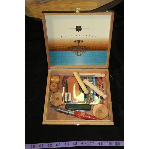 Wooden Cigar Box & Contents