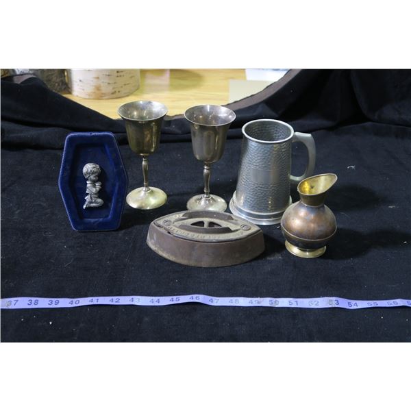 Misc. Metal items: Chalices, Stein, Vintage Iron Bottom etc.