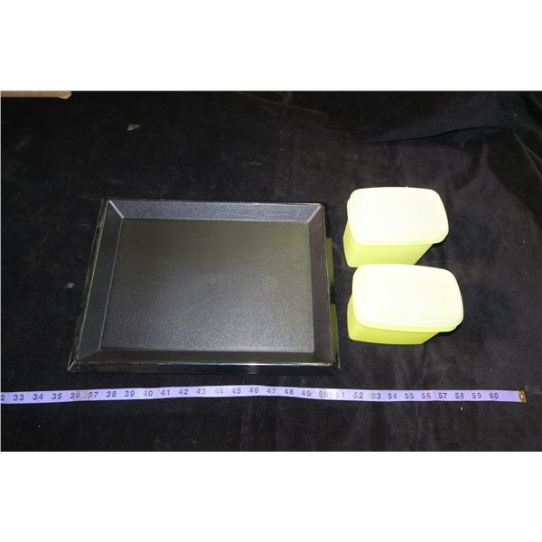 Vintage Tupperware Black Serving Tray 12"×15" & 2 Yellow Shelf Savers