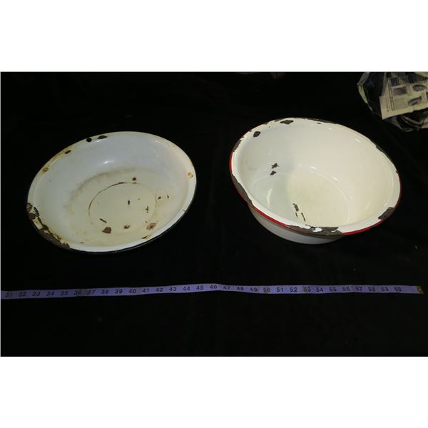 2 Vintage Enamel Pans: Dish Pan + Wash Basin