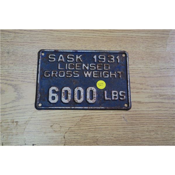 Saskatchewan 1931 Plate "Weight 6000 lbs"