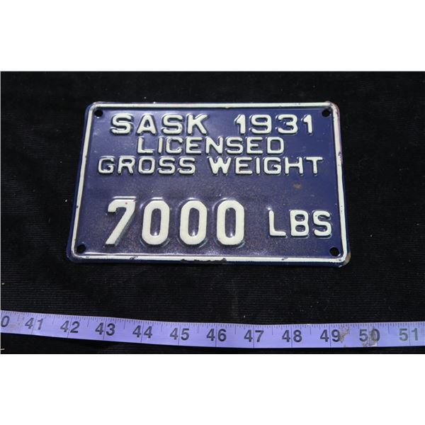 Saskatchewan 1931 Plate "Weight 7000 lbs"