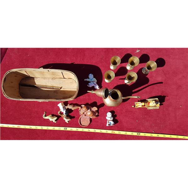 Apple Basket & Asian Figurines & Brass Goblets
