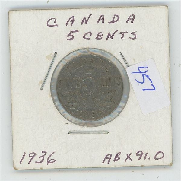1936 Canadian 5 Cent Coin