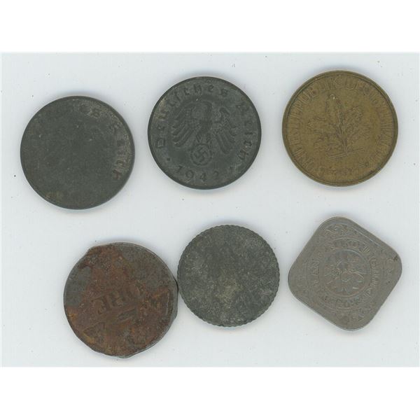 4 German Coins from the 40s t the 70s, 1 Dutch 5c Coin and one Swedish/Norwegian coin (2 Ore)