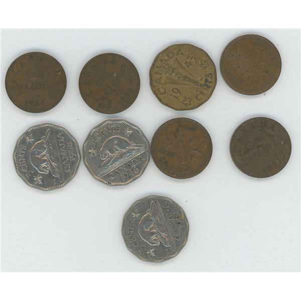 6 X Various Canadian One Cent Coins & 3 X Canadian 5 Cent Coins
