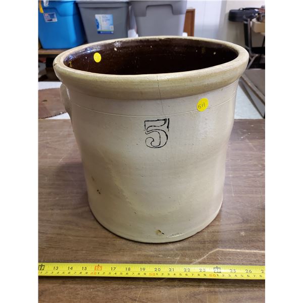 5 GALLON CROCK W/ ELEPHANT EAR HANDLES (HAIRLINE CRACK) SALT GLAZE