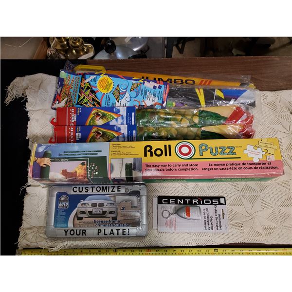 MISC LOT - KITES, PUZZLE MAT, AUTO ACCESSORIES
