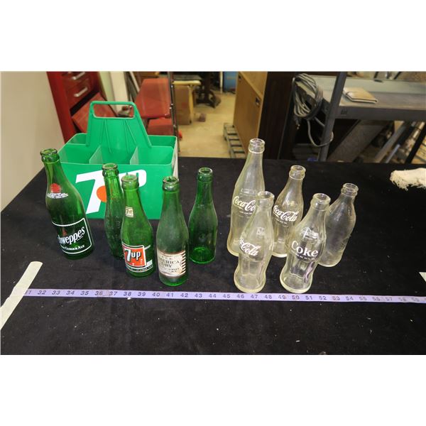 Coke, 7up, & misc. Soda Bottles with 7up Crate