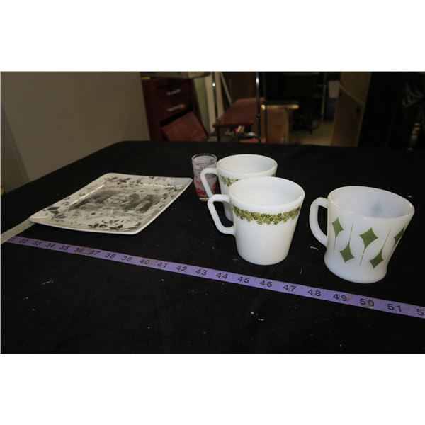1 Fire King Mug, 2 Pyrex Mugs, Pair Shot Glasses (One Broken)