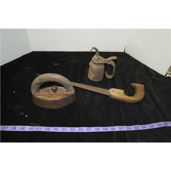 Vintage Saw, Iron & Oil Can