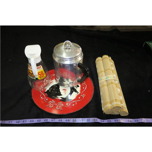 Vintage Coffee Maker, Serving Tray, Nabob Syrup Jar, Wood Mats