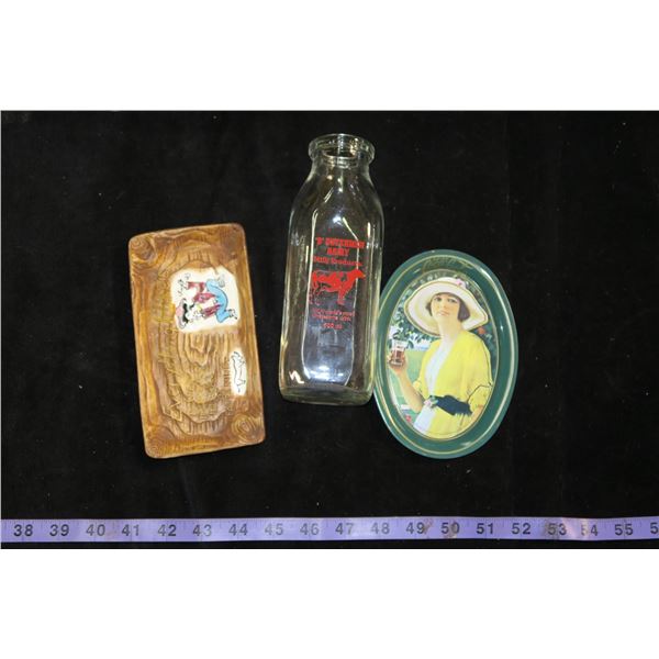 Vintage Milk Bottle, Repro. Coke Tip Tray, & Other Tip Tray