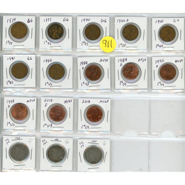 Collection of 13 American pennies & 3 nickels