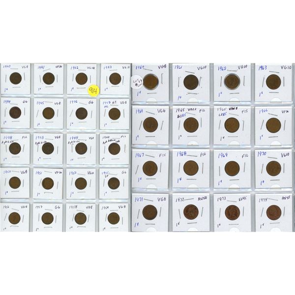 Collection of pennies 1940-1974 32 coins, 2 1948 & 1 1949 a points to denticle