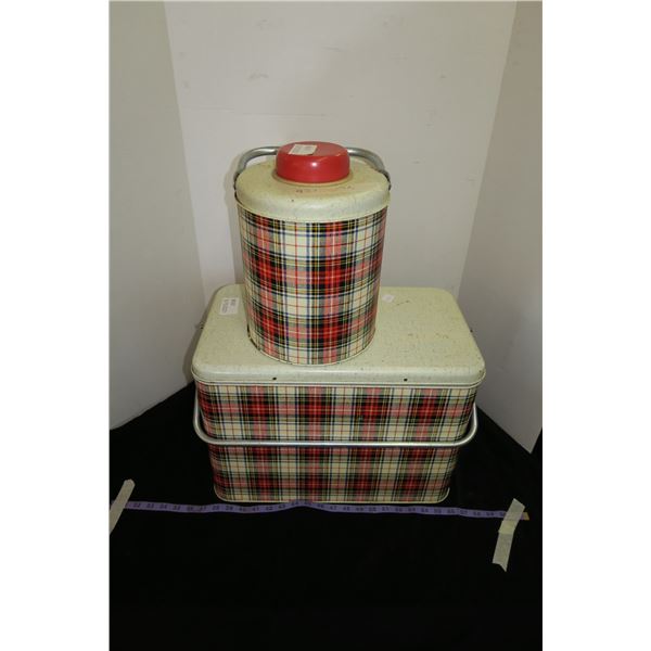 Vintange Cooler/Picnic Set, Plaid Pattern ~1950's