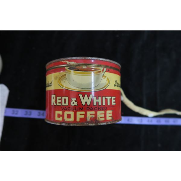 Red & White Coffee Tin, Brass Buckles, Strainer