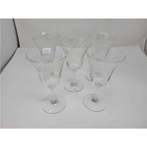 5 wine glasses, etched