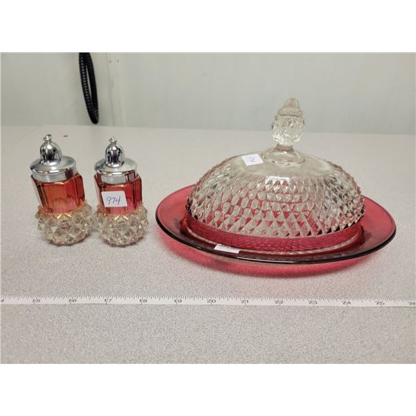 Butter dish & salt and pepper ruby edge diamond point