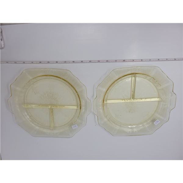 2 Amber divided plates depression glass