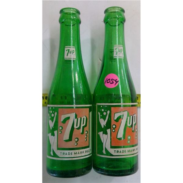 2 - Vintage 7oz 7Up Bottles Green