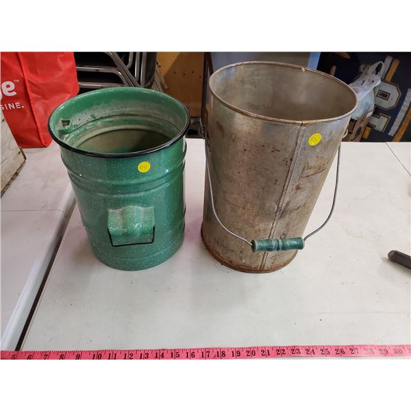 two pots (one enamel with sieve)