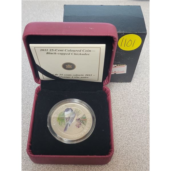 2011 25¢ coloured coin - Black capped chickadee