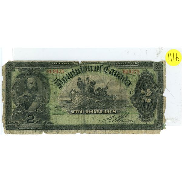 Canada 1897  $2.00 bank note dk. Brown on back