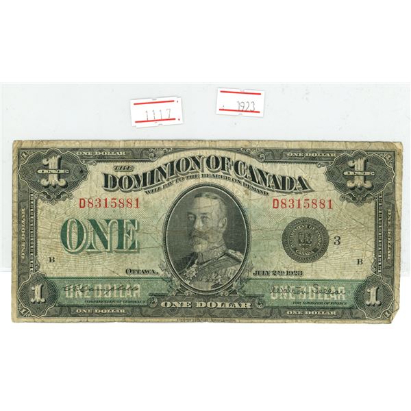 Canada 1923 $1.00 bank note black seal on front