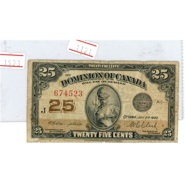 1923 Canada 25 cent bank note