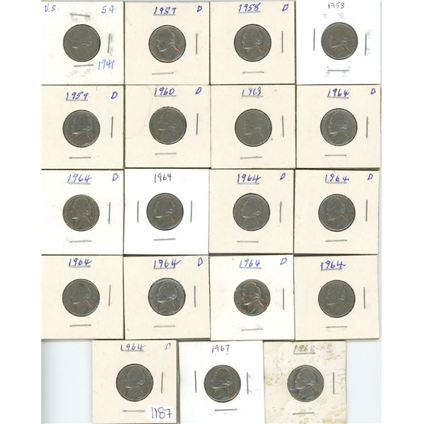 19 US liberty nickels - 1941-1968 assorted