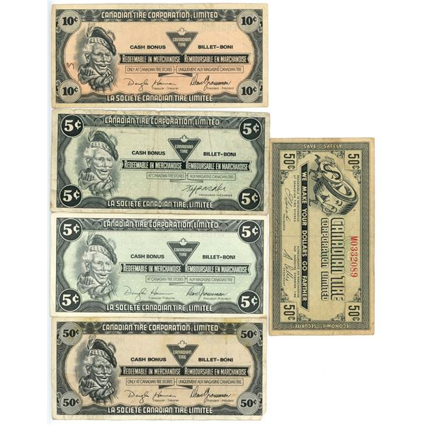 5 vintage Canadian Tire money bills