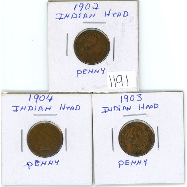 1902 1903 & 1904 Indian Head Pennies