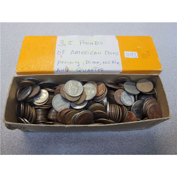 3.5 lbs of American coins, pennies, dimes, nickels, and quarters