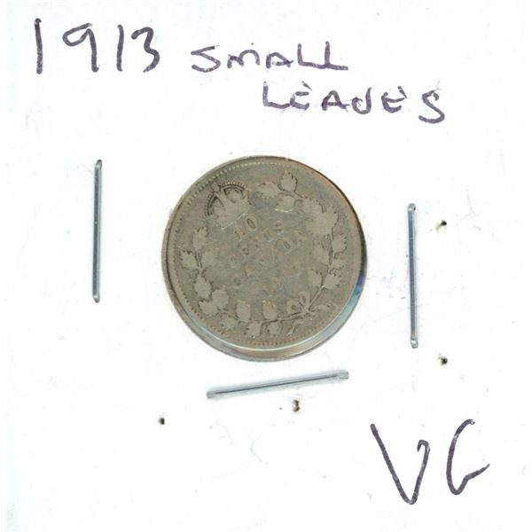 1913 Canadian Silver 10 Cent Coin (VG) (Small Leaves)