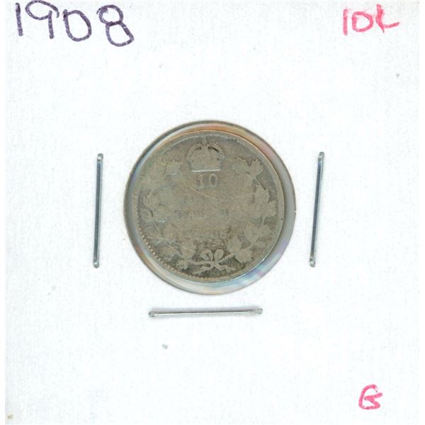 1908 Canadian Silver 10 Cent Coin (B)