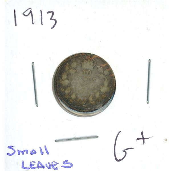 1913 Canadian Silver 10 Cent Coin (G+) (Small Leaves)
