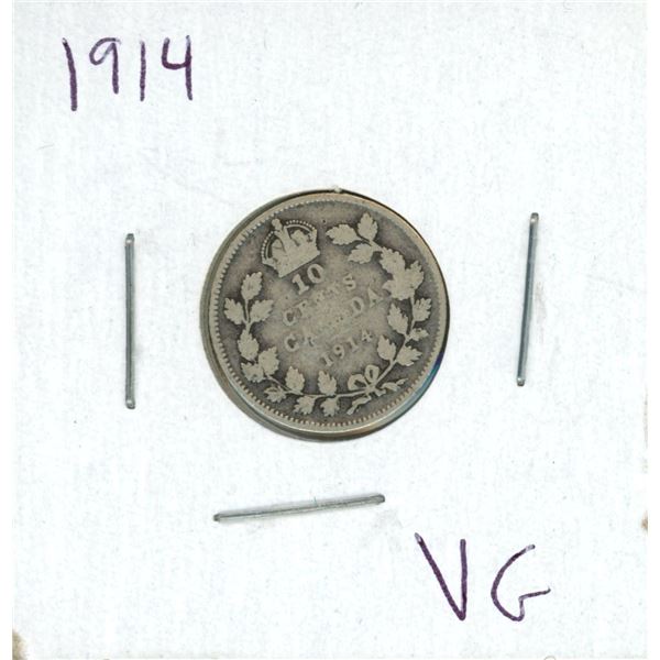 1914 Canadian Silver 10 Cent Coin (VG)