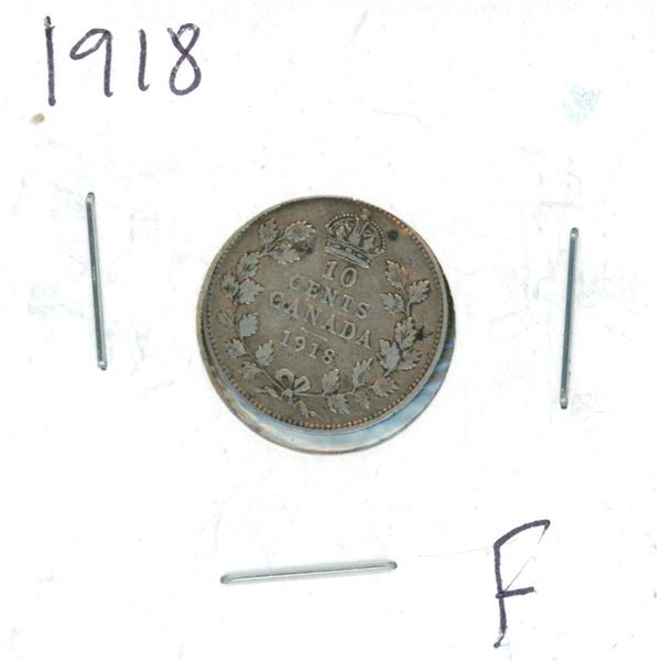 1918 Canadian Silver 10 Cent Coin (F)