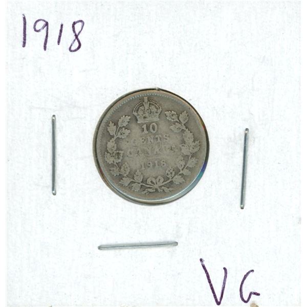 1918 Canadian Silver 10 Cent Coin (VG)