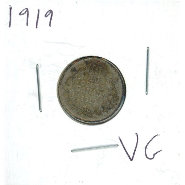 1919 Canadian Silver 10 Cent Coin (VG)