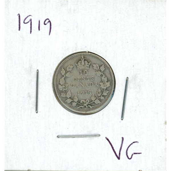 1919 Canadian Silver 10 Cent Coin (VG)